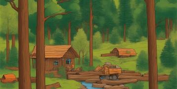 A vibrant forest scene illustrating the balance between environmental sustainability and wood production. On one side, a healthy forest with tall trees and wildlife; on the other side, a small wood processing cabin and logging equipment near a stream.