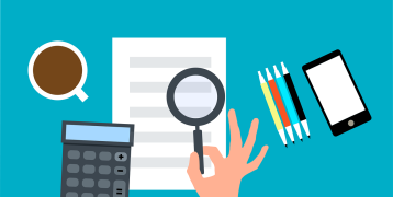 Graphic visualisation of A4 paper, magnifying glass, calculator, cup of coffee and phone on a blue table.