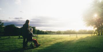 Person helping elderly/disabled person in wheelchair in a grassfield with the sun and a beautiful tree on the background
