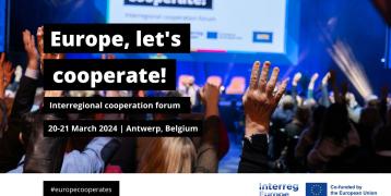 #europecooperates event announcement text (20-21 March 2024, Antwerp, Belgium) overlaid on an image of audience with raised hands looking towards a stage at an event