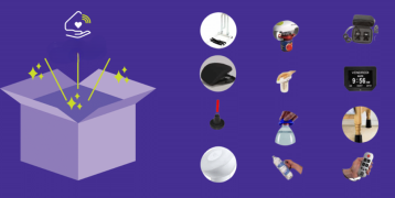An open box on a purple background. To the right, circular icons display various gadgets, including a power bank, jar opener, digital clock, remote control, and more assistive devices.