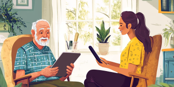 old man sitting in a chair in his house, and next to him a young lady is helping him to book a medical appointement online on an ipad