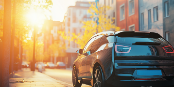electric car driving in a street with the sun and building on the side