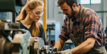 man and womand working and learning a metalworking job man and womand working and learning a metalworking job
