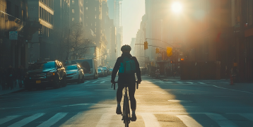one person cycling in an empty street of a city one person cycling in an empty street of a city