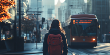  person walking to go to work in a city, with publis transport in the background