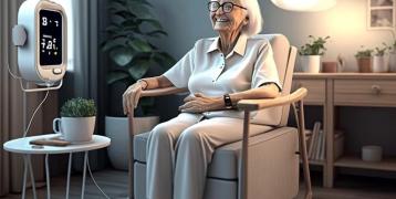 The image shows a smiling older lady sitting in a chair, next to her chair there is a table with telecare tools monitoring her vital parameters. 