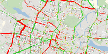 Map of the City of Poznań showing differences in traffic flows during the analyses