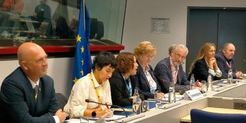 Panel members sitting at microphones in the meeting room