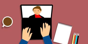 Graphic illustration of red table where laptop, hands of the user on keyboard, presenter on the screen and coffee in the mug on left side of the laptop.